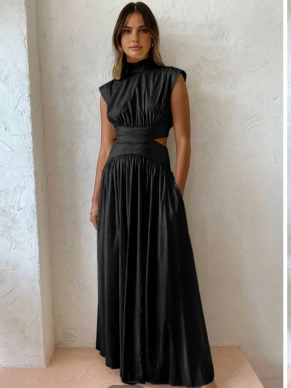 Mock Neck Cut Out Long Dress- Black